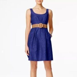 Nine West Sleeveless Slub Belted Fit and Flare Mini Dress With Pleats Size 8 EUC